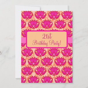 Fuchsia Rosa Orange Damask 21:a födelsedagen Party Inbjudningar