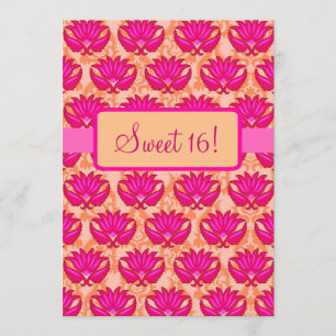 Fuchsia Rosa Orange Damask Sweet 16 Födelsedagsfes Inbjudningar