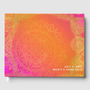 Fuchsia Rosa Orange Guld Indisk Mandala Bröllop Gästböcker