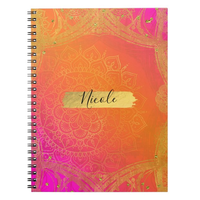 Fuchsia Rosa Orange & Guld indisk Mandala Glam Anteckningsbok (Framsidan)