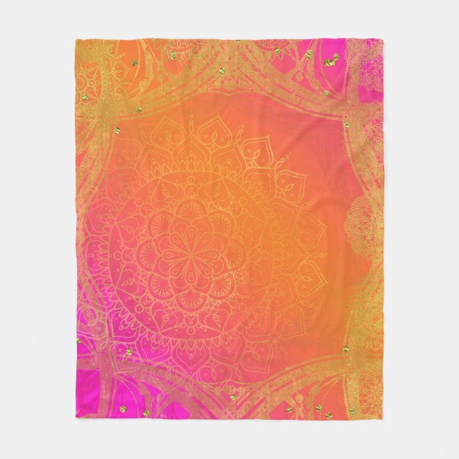 Fuchsia Rosa Orange & Guld indisk Mandala Glam Fleecefilt (Framsidan)