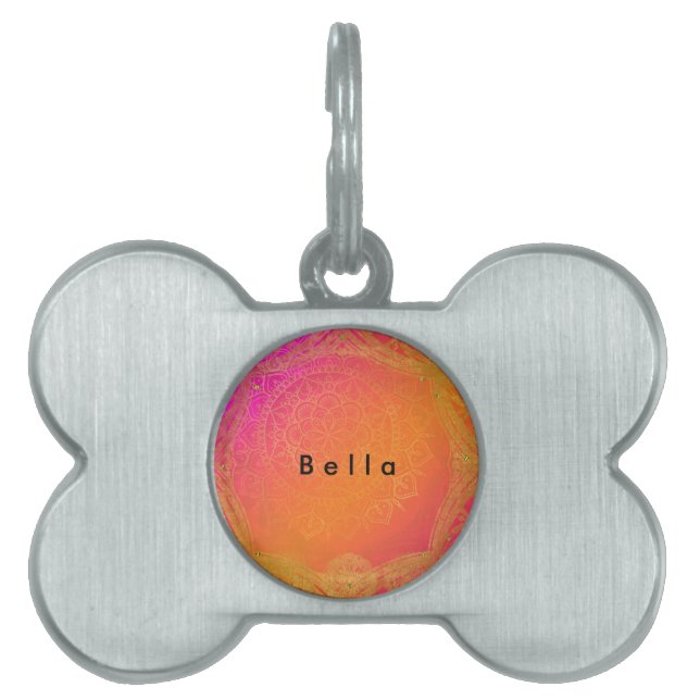 Fuchsia Rosa Orange & Guld indisk Mandala Glam ID-bricka Husdjur (Framsidan)