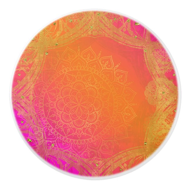 Fuchsia Rosa Orange & Guld indisk Mandala Glam Knopp (Framsidan)