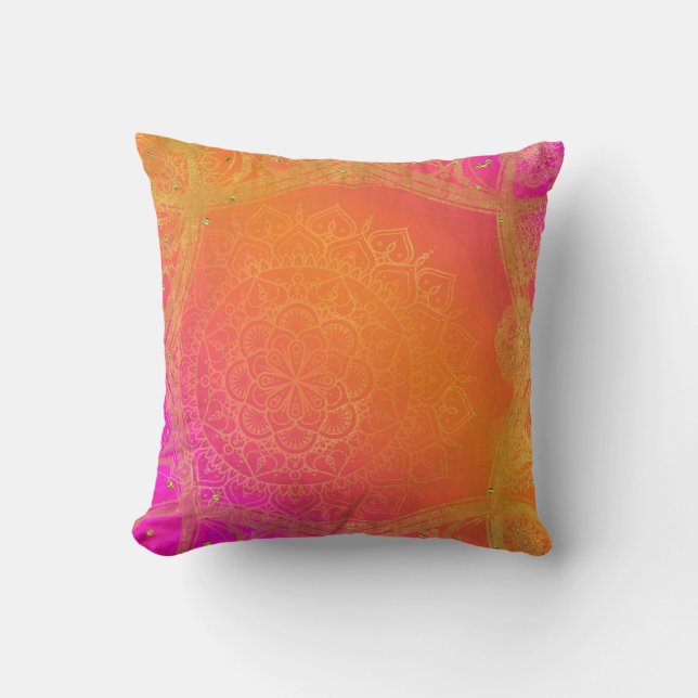 Fuchsia Rosa Orange & Guld indisk Mandala Glam Kudde (Framsida)