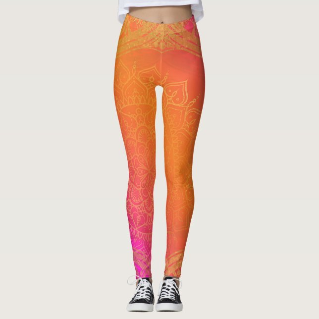 Fuchsia Rosa Orange & Guld indisk Mandala Glam Leggings (Framsida)