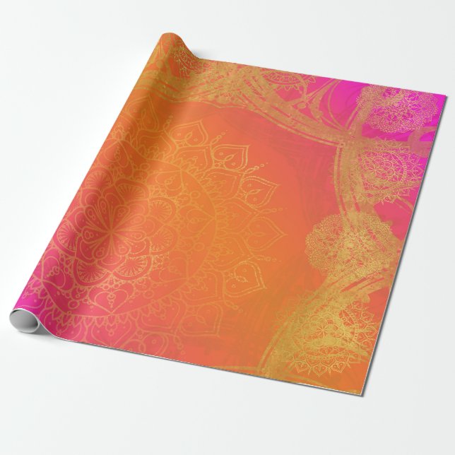 Fuchsia Rosa Orange & Guld indisk Mandala Party Presentpapper (Utrullad)