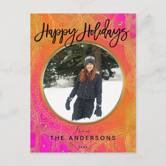 Fuchsia Rosa Orange & Guld Mandala Helgdag Photo Helg Vykort (Framsida)