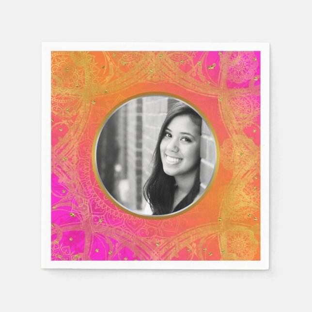 Fuchsia Rosa Orange Guld Mandala PHOTO Party Pappersservett (Framsidan)