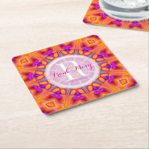 Fuchsia Rosa Orange Monogram Papprare Underlägg Papper Kvadrat