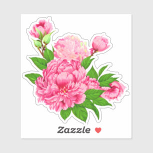 Fuchsia Rosa Peonies and Grönt Löv Klistermärken