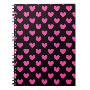 Fuchsia rosa polka-hjärtan på svart anteckningsbok