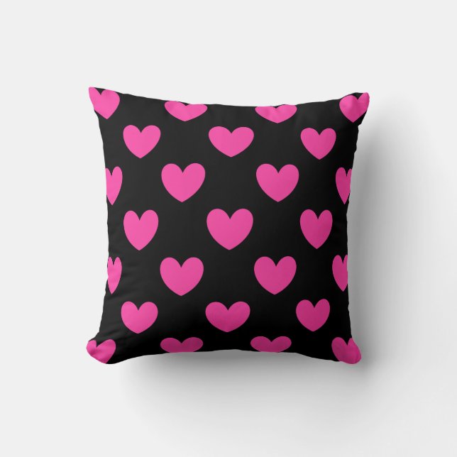 Fuchsia rosa polka-hjärtan på svart kudde (Framsida)