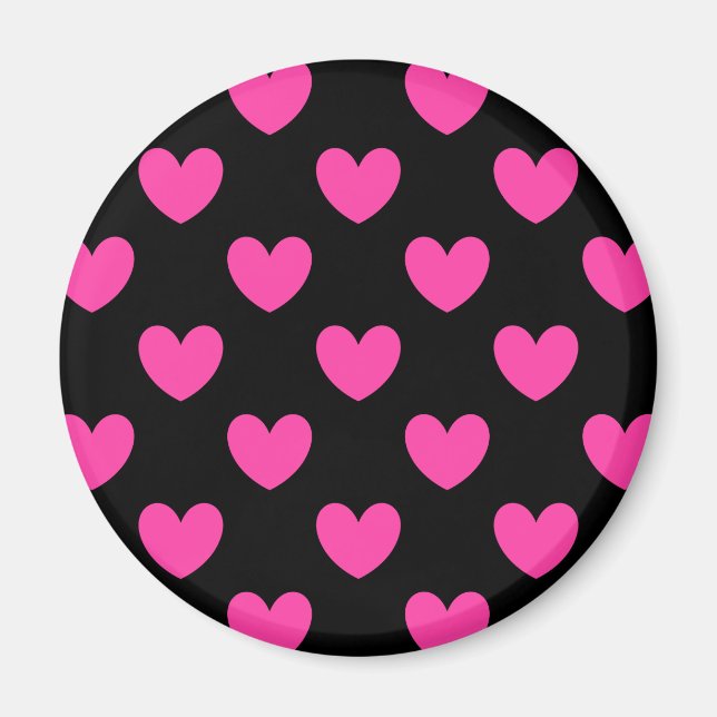 Fuchsia rosa polka-hjärtan på svart magnet (Framsidan)