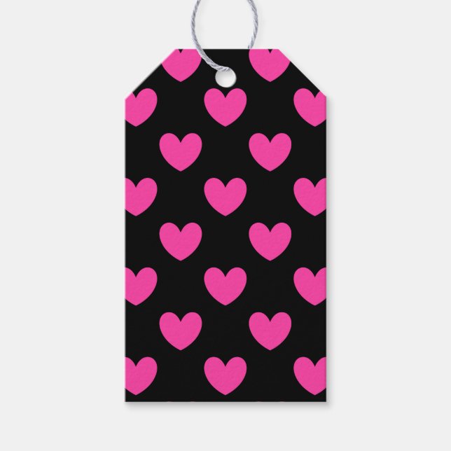 Fuchsia rosa polka-hjärtan på svart presentetikett (Framsidan)