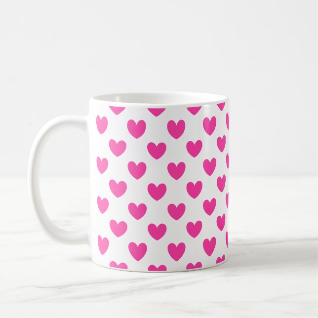 Fuchsia rosa polka-hjärtan på vita kaffemugg (Vänster)
