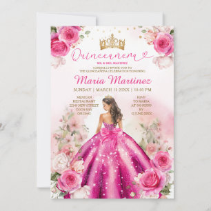 Fuchsia Rosa Princess Blommigt Guld Quinceañera Inbjudningar