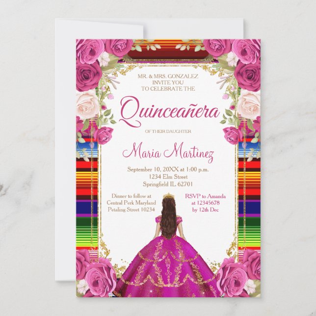 Fuchsia Rosa Prinsessa Blommig Mexikansk Quiñceane Inbjudningar (Framsida)