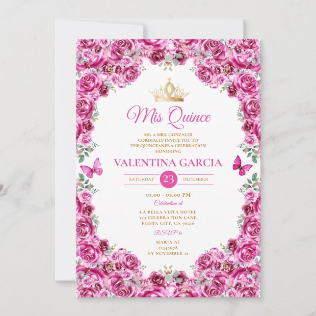 Fuchsia Rosa Quinceañera 15 Anos Blommigt Guld Kro Inbjudningar (Framsida)