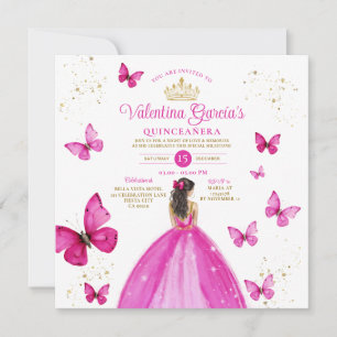 Fuchsia Rosa Quinceañera 15 Anos Guld Birthday Inbjudningar