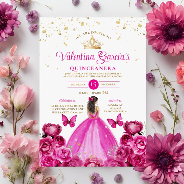 Fuchsia Rosa Quinceañera 15 Anos Krona Birthday Inbjudningar (Skapare uppladdad)