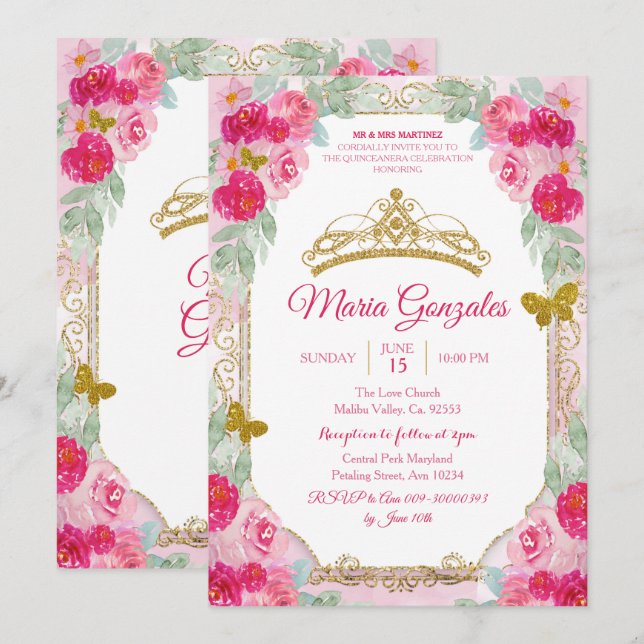Fuchsia Rosa ros & Butterfly Mis Quince Inbjudningar (Fram/baksida)