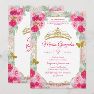 Fuchsia Rosa ros & Butterfly Mis Quince Inbjudningar