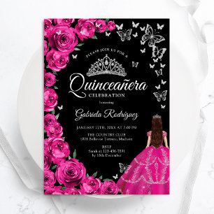 Fuchsia Rosa ros Silver Butterflies Quinceanera Inbjudningar
