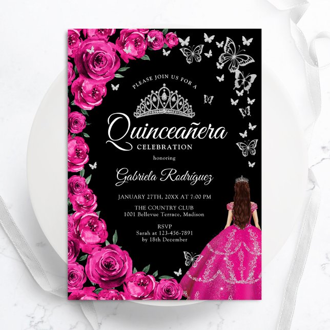 Fuchsia Rosa ros Silver Butterflies Quinceanera Inbjudningar (Skapare uppladdad)