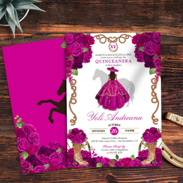 Fuchsia Rosa ros Western Charro Quinceañera Inbjudningar (Skapare uppladdad)