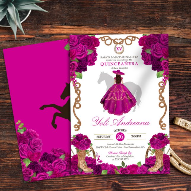 Fuchsia Rosa ros Western Charro Quinceañera V2 Inbjudningar (Skapare uppladdad)