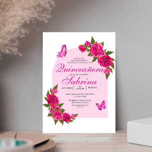 Fuchsia Rosa Rosor & Fjärilsbåge Quinceañera Inbjudningar