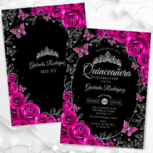 Fuchsia Rosa Silver Black Quinceanera Inbjudningar