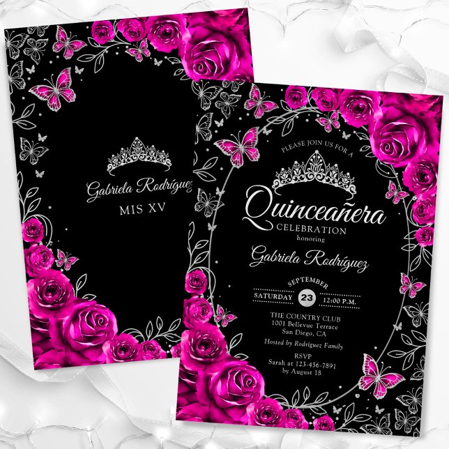Fuchsia Rosa Silver Black Quinceanera Inbjudningar (Skapare uppladdad)