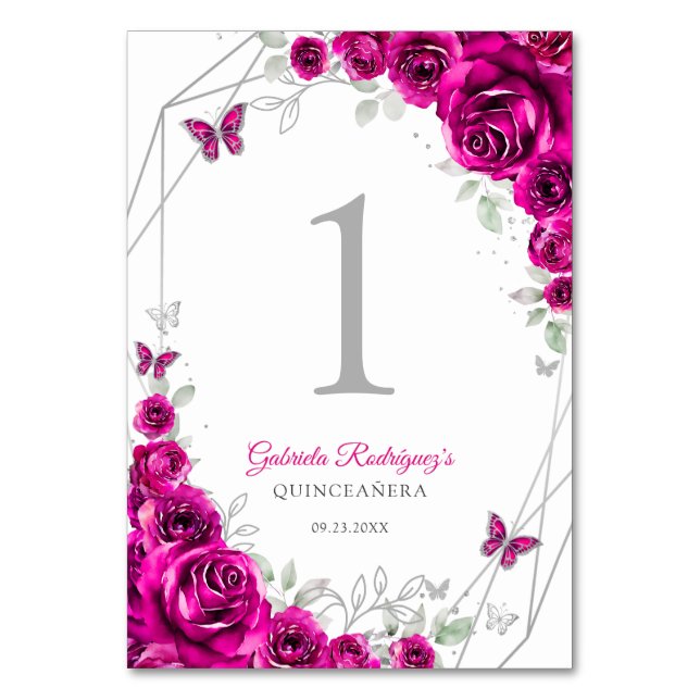 Fuchsia Rosa Silver Blommig Quinceanera Bordsnummer (Framsidan)