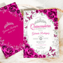 Fuchsia Rosa Silver Blommig Quinceanera