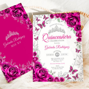 Fuchsia Rosa Silver Blommig Quinceanera Inbjudningar