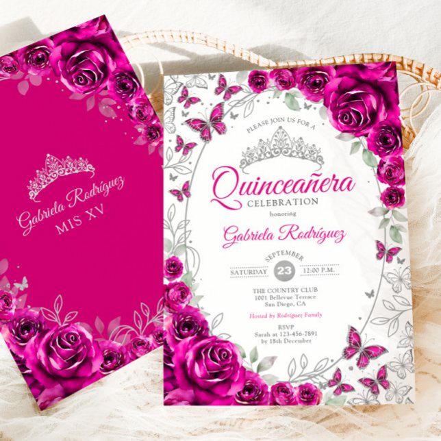 Fuchsia Rosa Silver Blommig Quinceanera Inbjudningar (Skapare uppladdad)