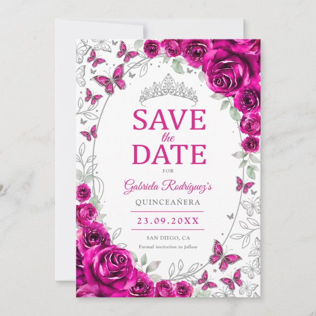 Fuchsia Rosa Silver Blommig Quinceanera Spara Datumet (Framsida)