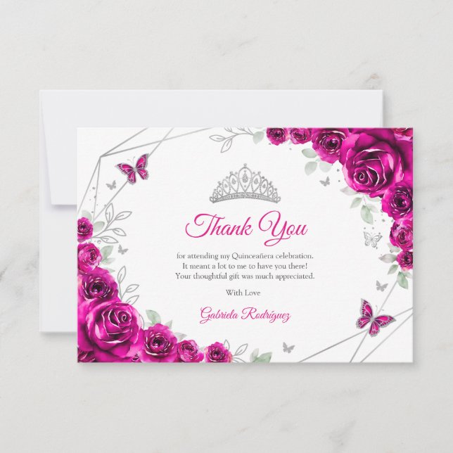 Fuchsia Rosa Silver Blommig Quinceanera Tack Kort (Framsida)