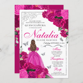 Fuchsia Rosa Silver Princess Butterfly Quinceañera Inbjudningar