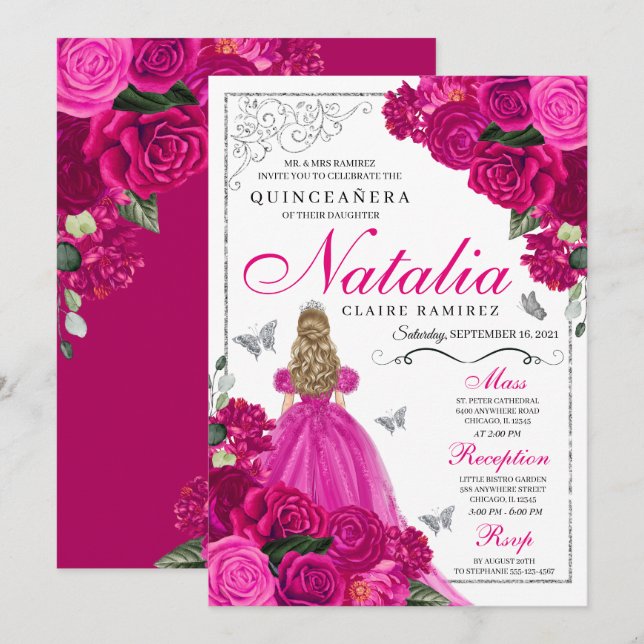 Fuchsia Rosa Silver Princess Butterfly Quinceañera Inbjudningar (Fram/baksida)