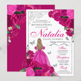 Fuchsia Rosa Silver Princess Butterfly Quinceañera Inbjudningar