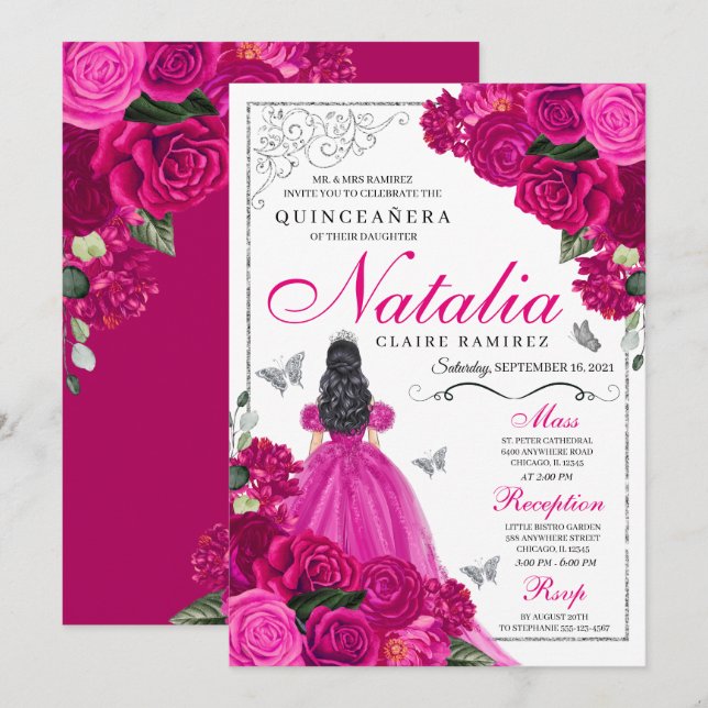 Fuchsia Rosa Silver Princess Butterfly Quinceañera Inbjudningar (Fram/baksida)