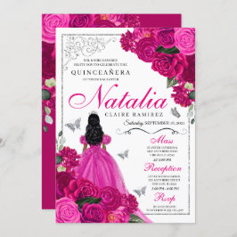Fuchsia Rosa Silver Princess Butterfly Quinceañera Inbjudningar
