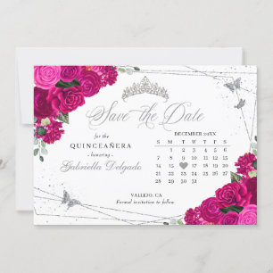 Fuchsia Rosa & Silver Quinceañera Spara datum Inbjudningar