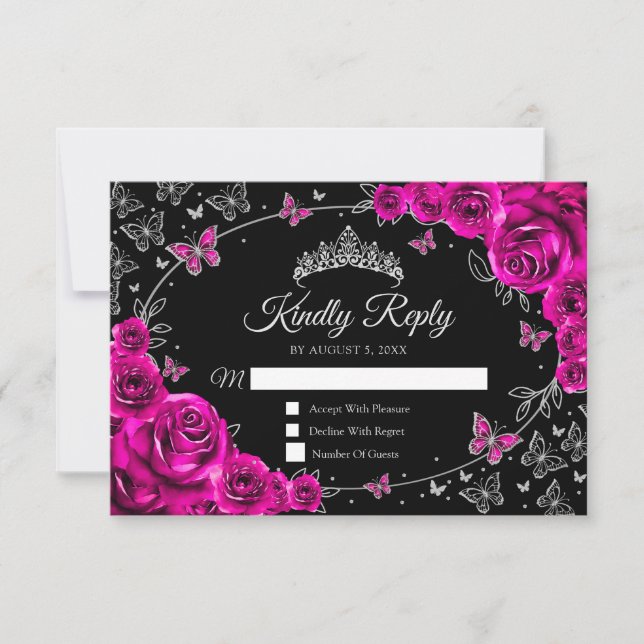 Fuchsia Rosa Silver Quinceanera-svar OSA Kort (Framsida)