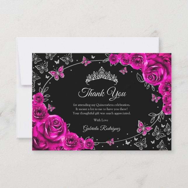 Fuchsia Rosa Silver Quinceanera Tack Kort (Framsida)