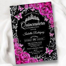 Fuchsia Rosa Silver Svart Rosor Quinceanera