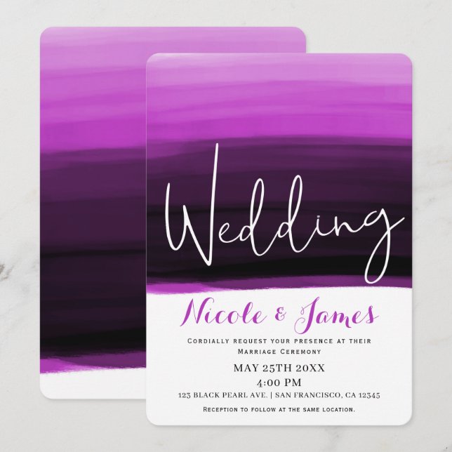 Fuchsia Rosa Svart Akvarell Modern Glam Bröllop Inbjudningar (Fram/baksida)