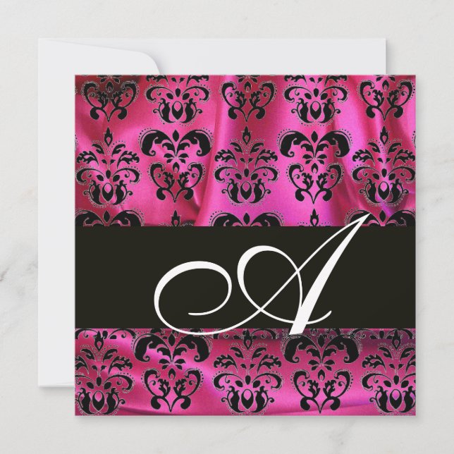 FUCHSIA ROSA SVART DAMASK TYG MONOGRAM , vit Inbjudningar (Framsida)